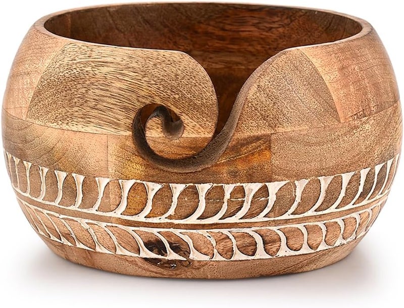 MAHASU Yarn Storage Mango Wood Yarn Bowl for Crocheting Accessories and Supplies Organizer Wool Storage Bowl Round (7" x 7" x 4") - Image 1